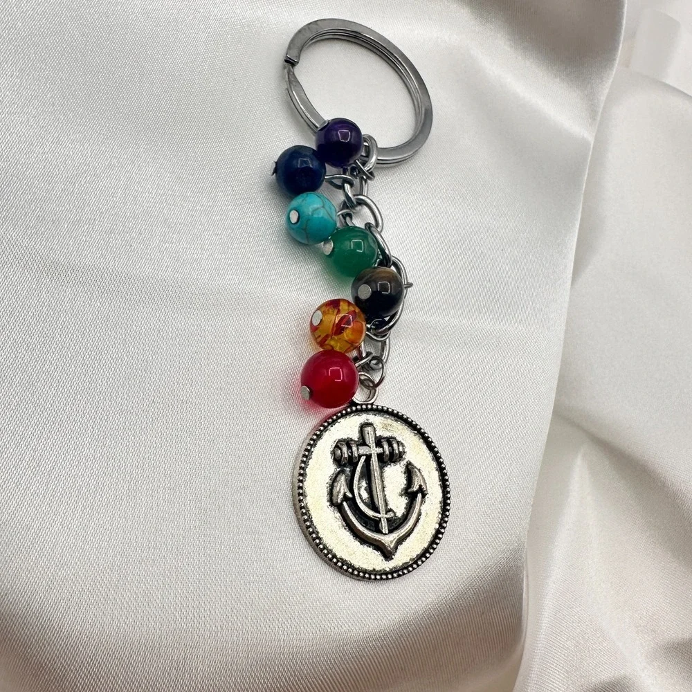 Vintage 80s 7 Chakra Healing Stone Keychain Yoga Reiki Anchor Charm Gift Jewelry